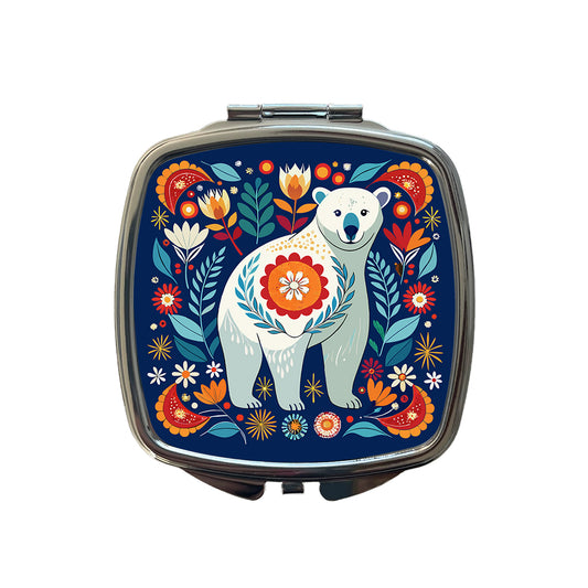 Polar Bear Floral Motif Small Travel Purse Handbag Pocket Makeup Compact Mirror