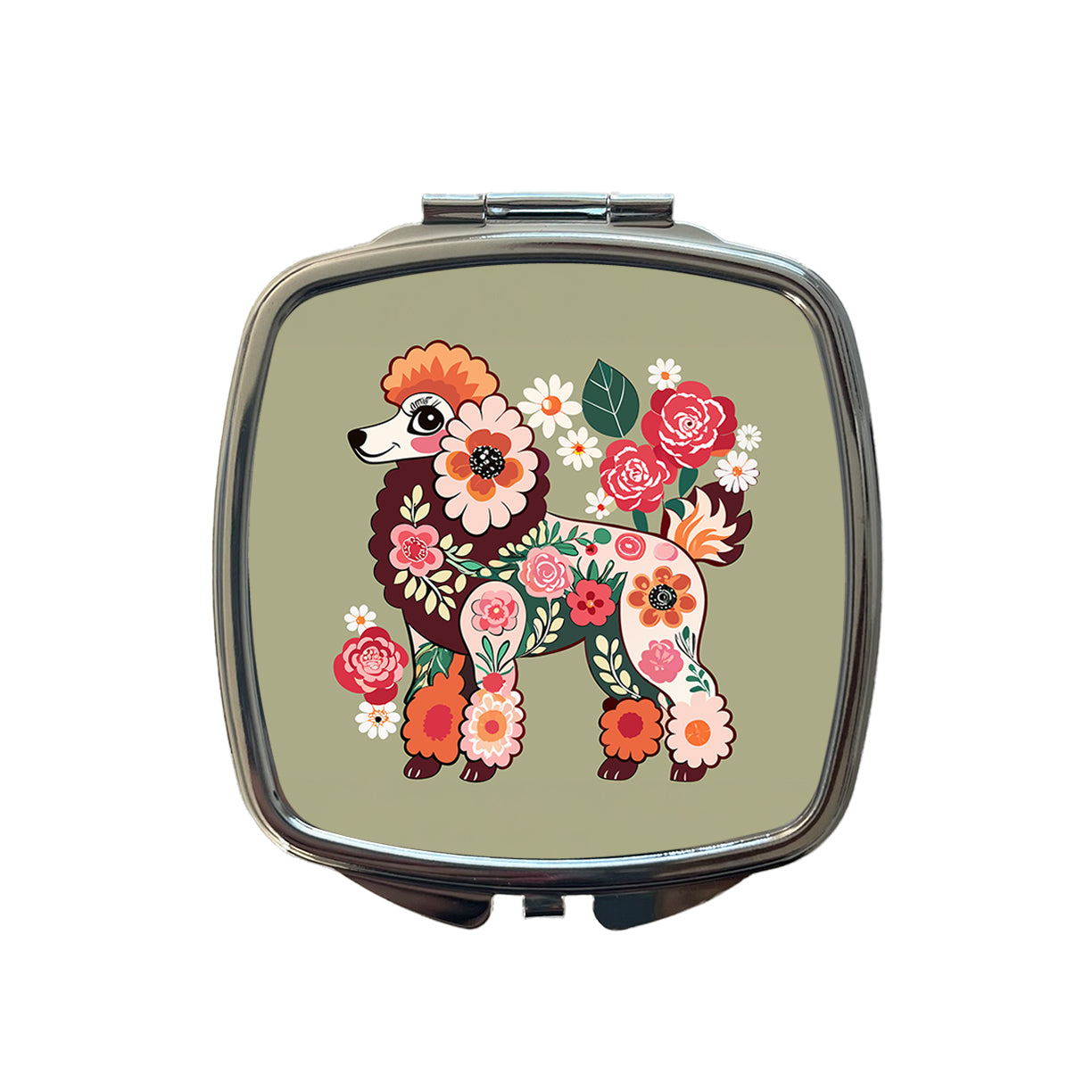 Poodle Dog Floral Motif Small Travel Purse Handbag Pocket Makeup Compact Mirror