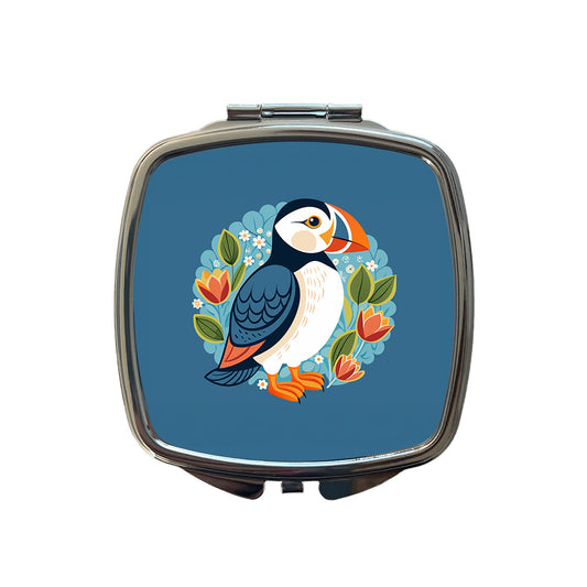 Puffin Bird Floral Flowers Small Travel Purse Handbag Pocket Makeup Compact Mirror