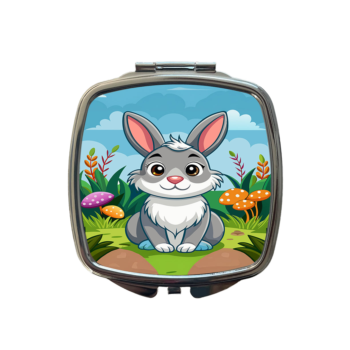 Rabbit Bunny Cute with Toadstools Mushrooms Small Travel Purse Handbag Pocket Makeup Compact Mirror