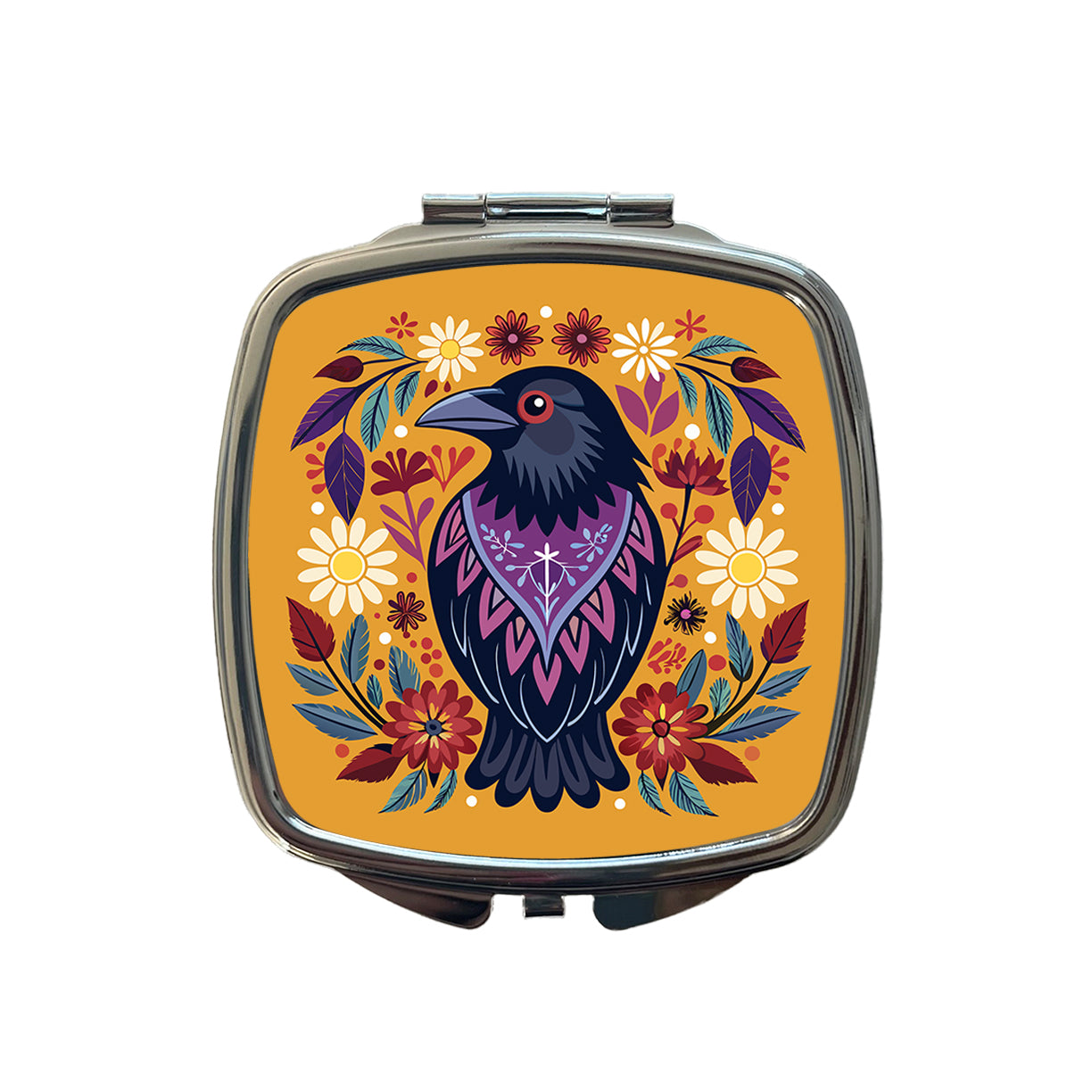 Raven Bird Floral Flowers Small Travel Purse Handbag Pocket Makeup Compact Mirror
