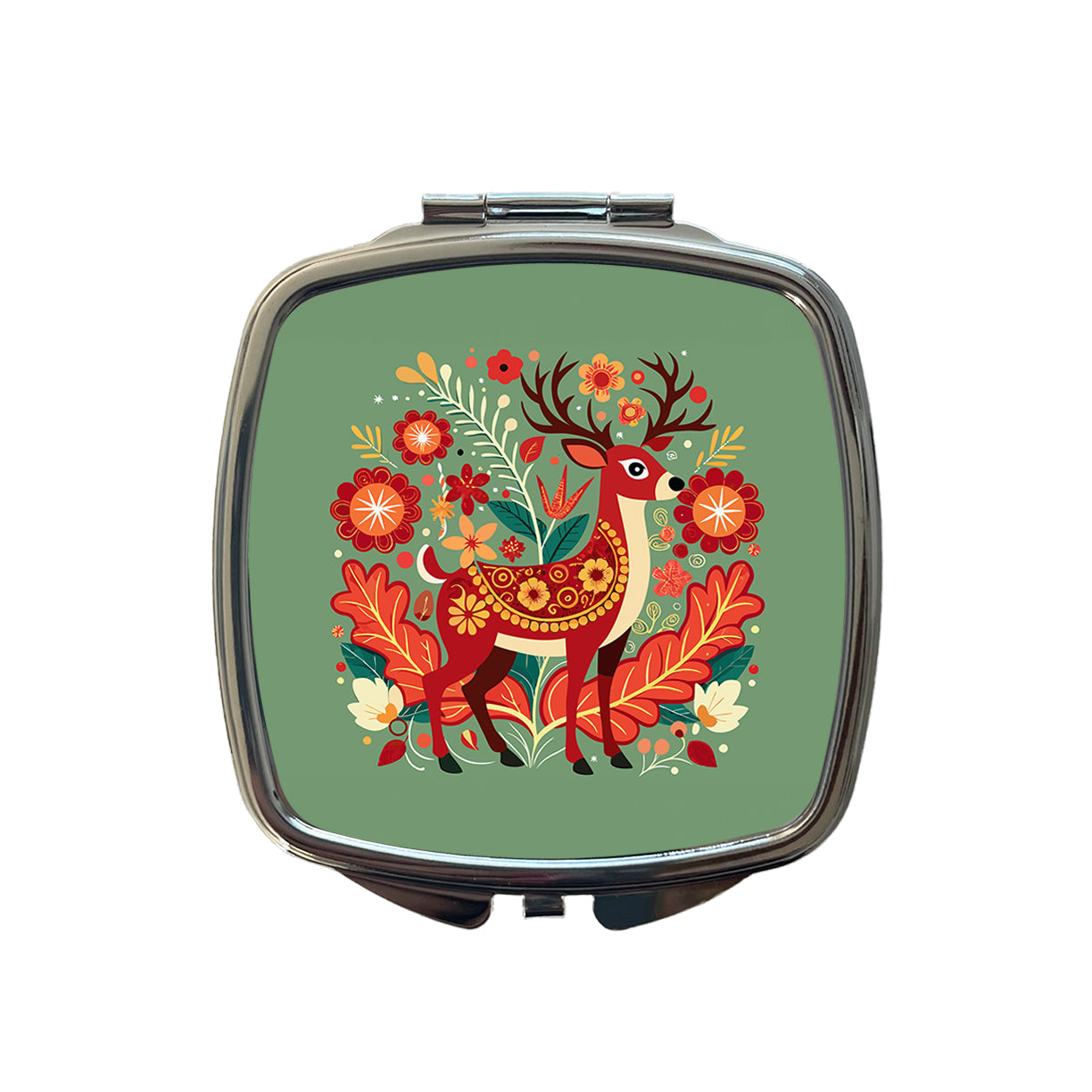 Reindeer Floral Flowers Small Travel Purse Handbag Pocket Makeup Compact Mirror