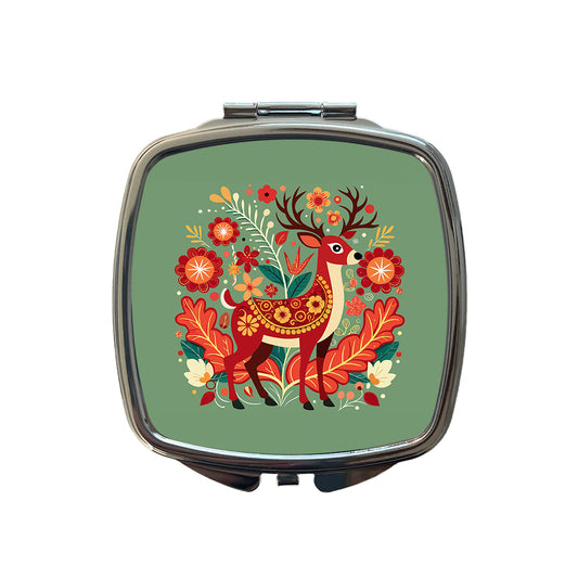Reindeer Floral Flowers Small Travel Purse Handbag Pocket Makeup Compact Mirror