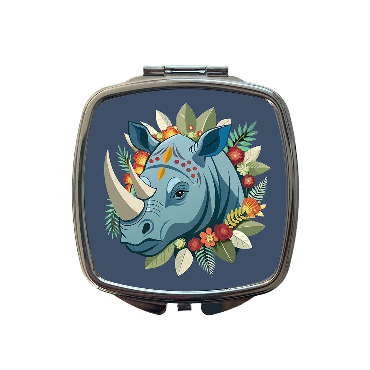 Rhinoceros Head Floral Flowers Small Travel Purse Handbag Pocket Makeup Compact Mirror