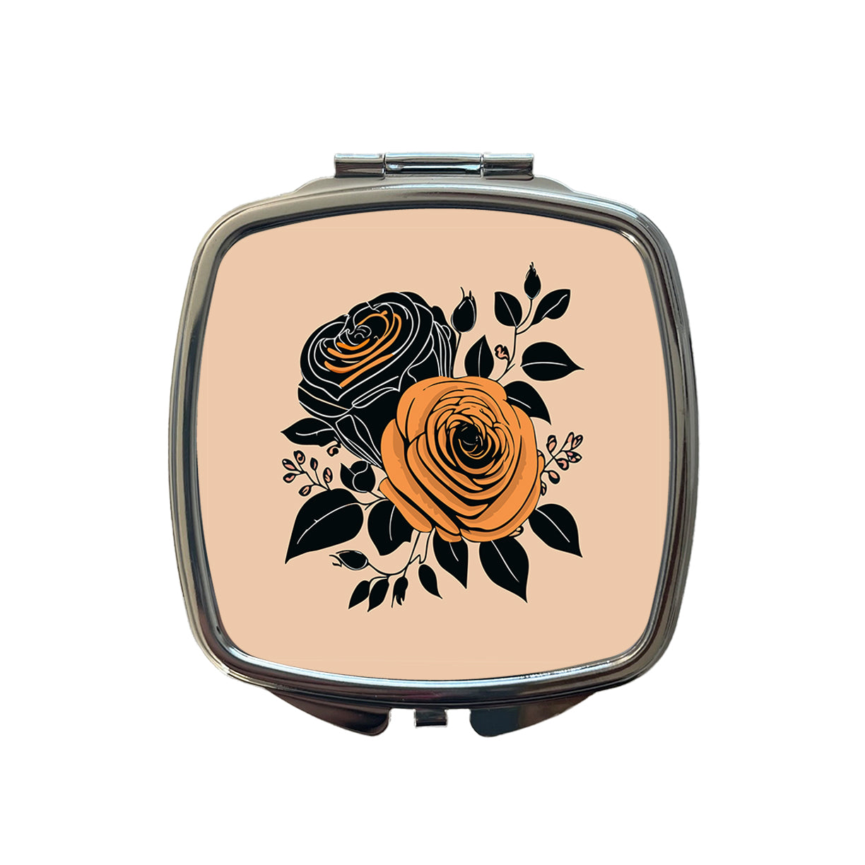 Roses Black Orange Fall Autumn Thanksgiving Halloween Motif Small Travel Purse Handbag Pocket Makeup Compact Mirror