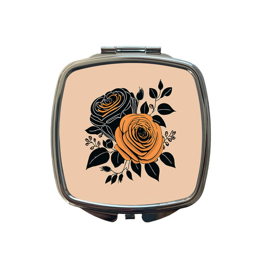 Roses Black Orange Fall Autumn Thanksgiving Halloween Motif Small Travel Purse Handbag Pocket Makeup Compact Mirror