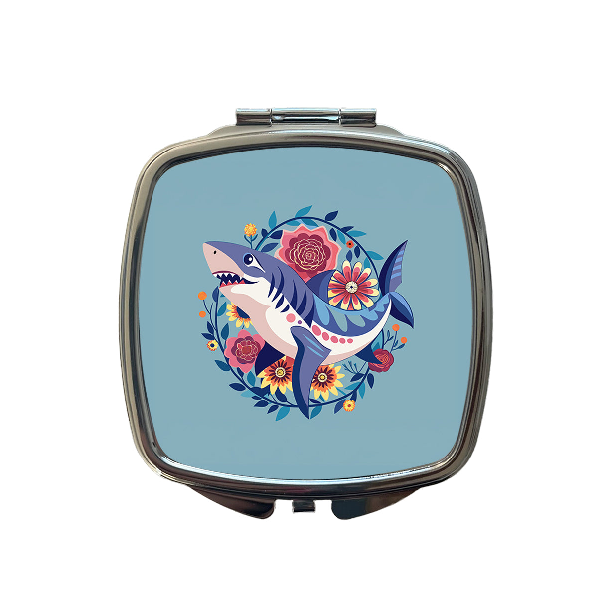 Shark Floral Flowers Small Travel Purse Handbag Pocket Makeup Compact Mirror