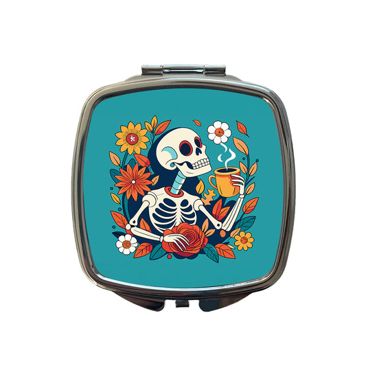 Skeleton Drinking Coffee Funny Floral Flowers Small Travel Purse Handbag Pocket Makeup Compact Mirror