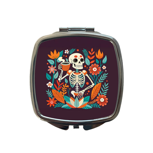 Skeleton Drinking Tea Funny Floral Flowers Small Travel Purse Handbag Pocket Makeup Compact Mirror
