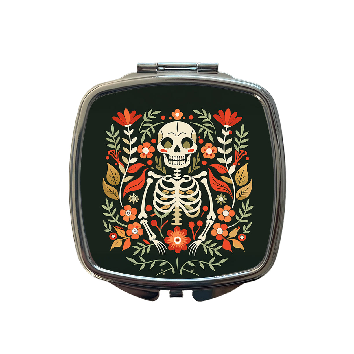 Skeleton Floral Flowers Small Travel Purse Handbag Pocket Makeup Compact Mirror