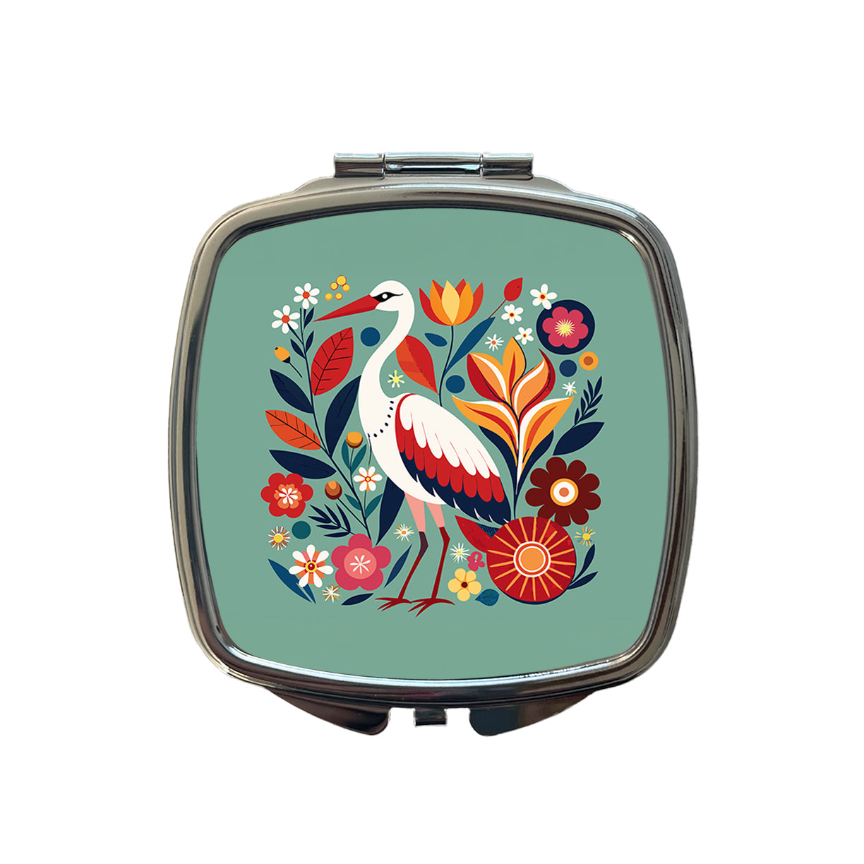 Stork Bird Floral Flowers Small Travel Purse Handbag Pocket Makeup Compact Mirror