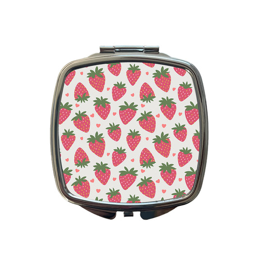 Strawberries Strawberry Hearts Pattern Small Travel Purse Handbag Pocket Makeup Compact Mirror