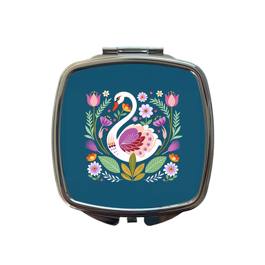 Swan Bird Floral Flowers Small Travel Purse Handbag Pocket Makeup Compact Mirror