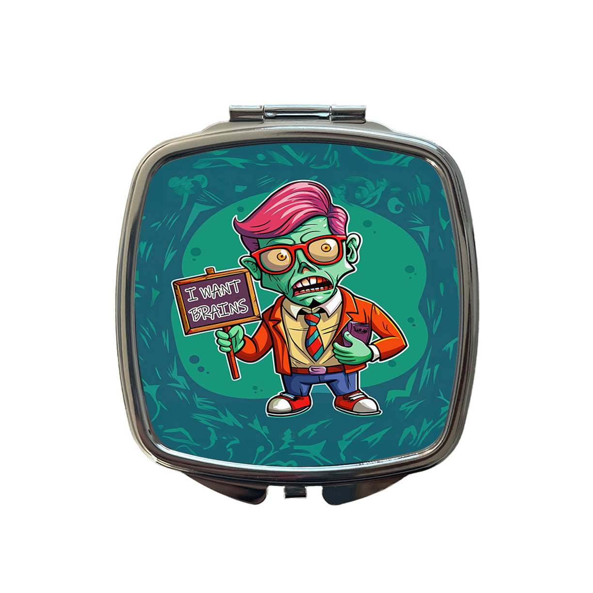 Teacher Zombie Man I Want Your Brains Small Travel Purse Handbag Pocket Makeup Compact Mirror
