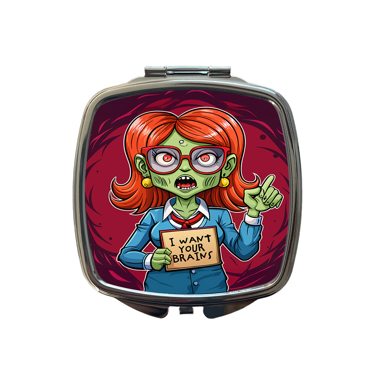 Teacher Zombie Woman I Want Your Brains Small Travel Purse Handbag Pocket Makeup Compact Mirror