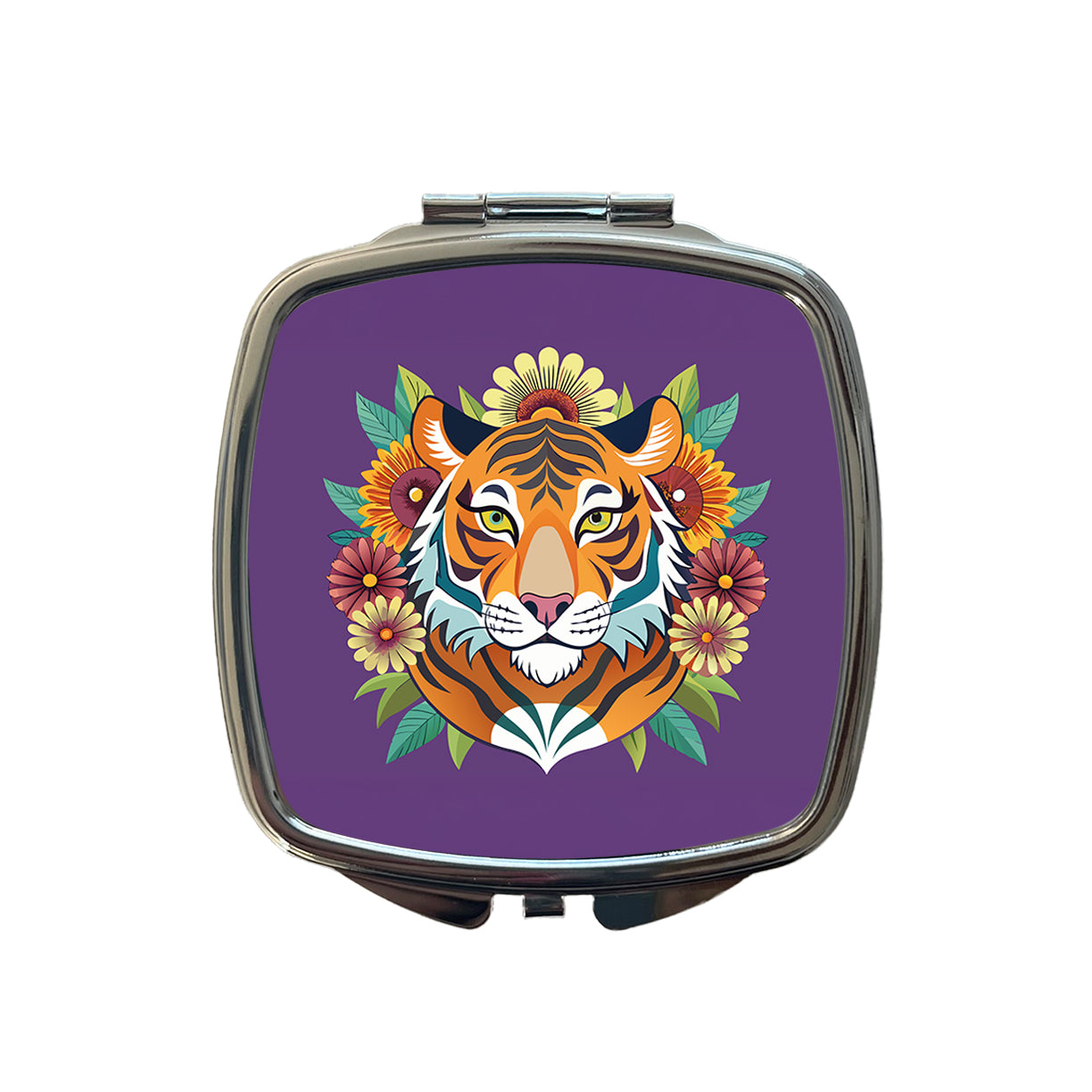 Tiger Head Floral Flowers Small Travel Purse Handbag Pocket Makeup Compact Mirror