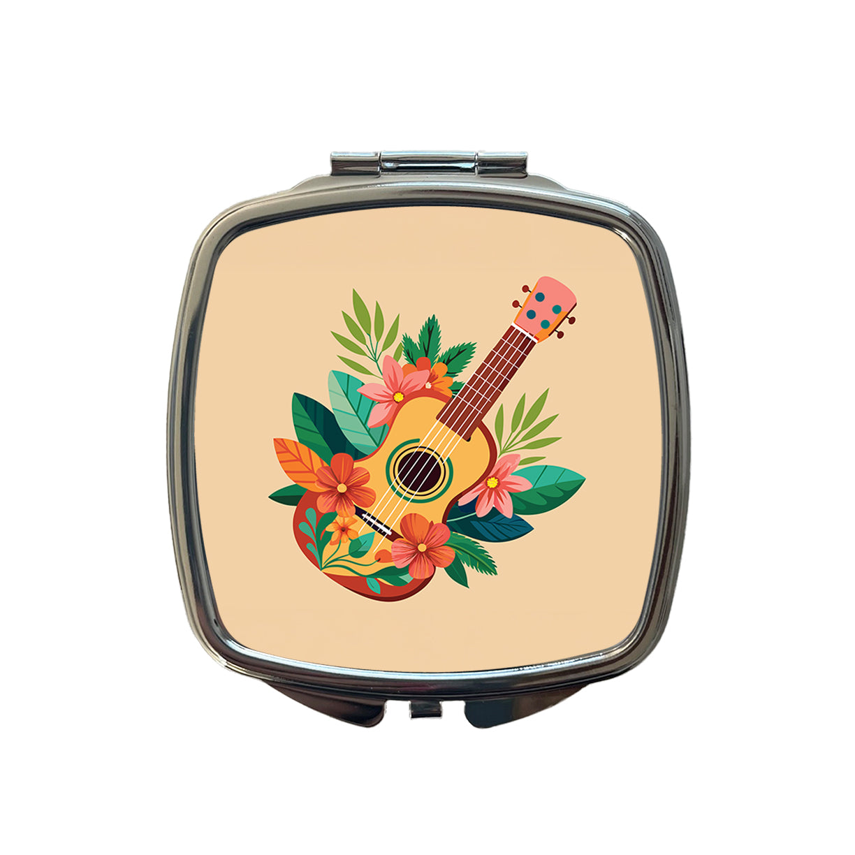 Ukulele Music Tropical Floral Motif Small Travel Purse Handbag Pocket Makeup Compact Mirror