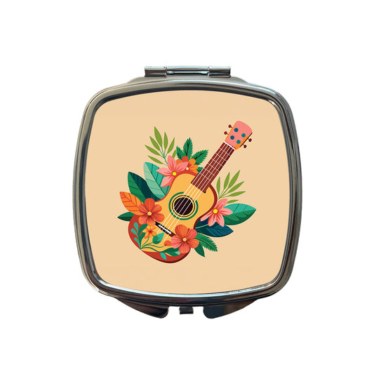 Ukulele Music Tropical Floral Motif Small Travel Purse Handbag Pocket Makeup Compact Mirror