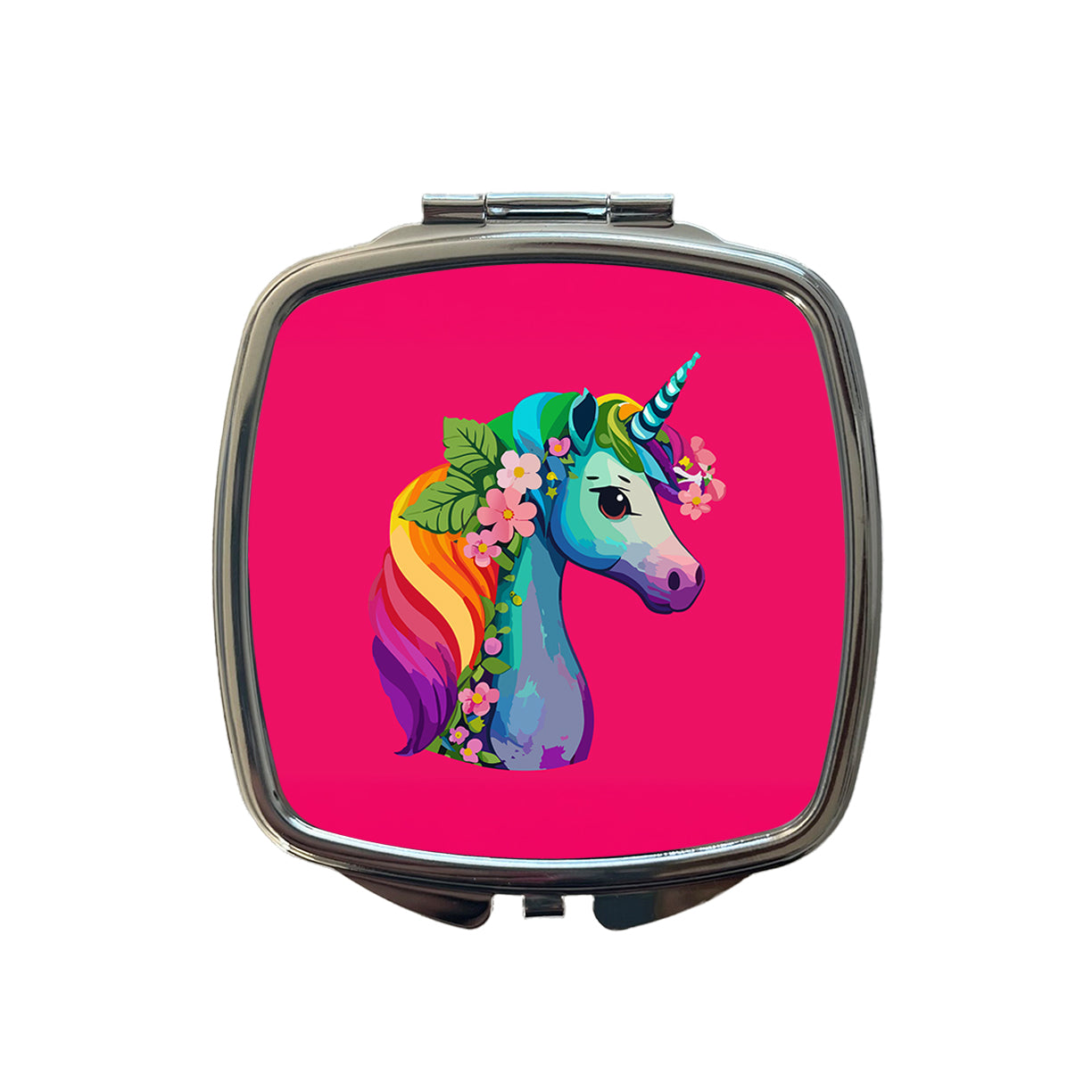 Unicorn Rainbow Head Flowers Small Travel Purse Handbag Pocket Makeup Compact Mirror