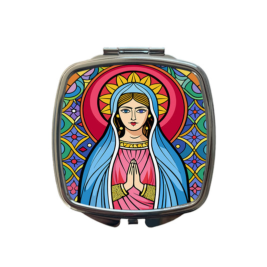 Virgin Mary Stained Glass Christian Religious Catholic Small Travel Purse Handbag Pocket Makeup Compact Mirror