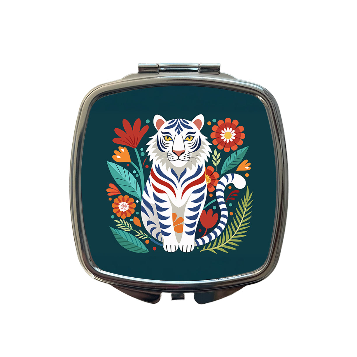 White Tiger Floral Flowers Small Travel Purse Handbag Pocket Makeup Compact Mirror