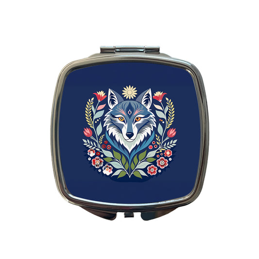 Wolf Floral Flowers Small Travel Purse Handbag Pocket Makeup Compact Mirror