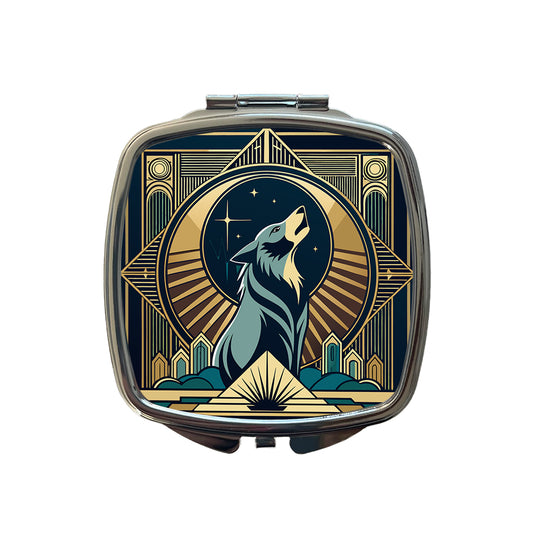 Wolf Howling at Moon Art Deco Small Travel Purse Handbag Pocket Makeup Compact Mirror
