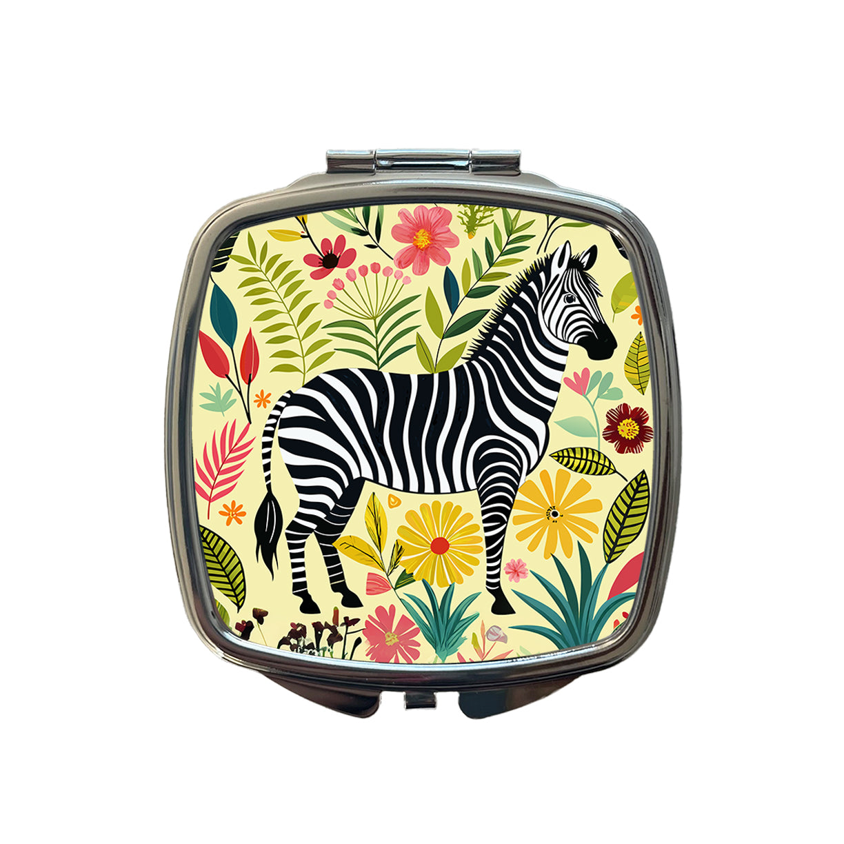 Zebra Floral Flowers Motif Small Travel Purse Handbag Pocket Makeup Compact Mirror