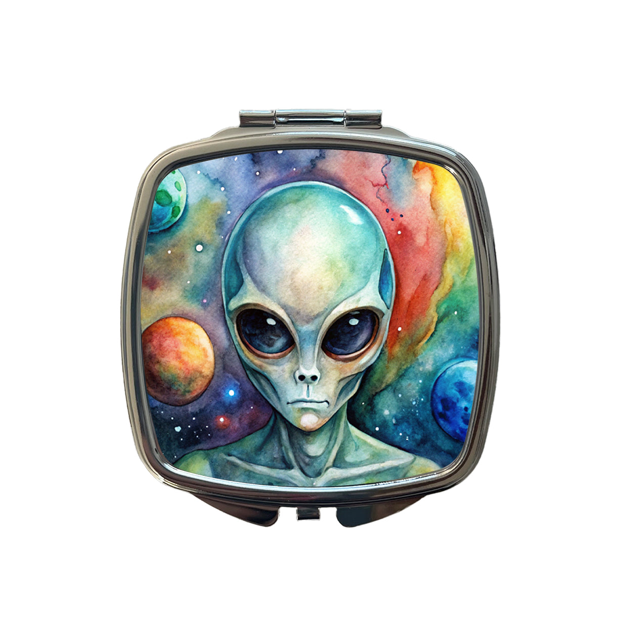 Alien In Space Watercolor Small Travel Purse Handbag Pocket Makeup Compact Mirror
