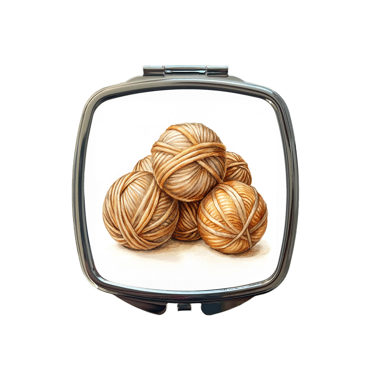 Balls Of Tan Yarn Knitting Crochet Watercolor Small Travel Purse Handbag Pocket Makeup Compact Mirror
