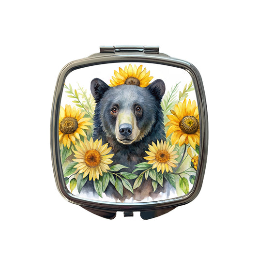 Black Bear Watercolor Design With Sunflowers Small Travel Purse Handbag Pocket Makeup Compact Mirror