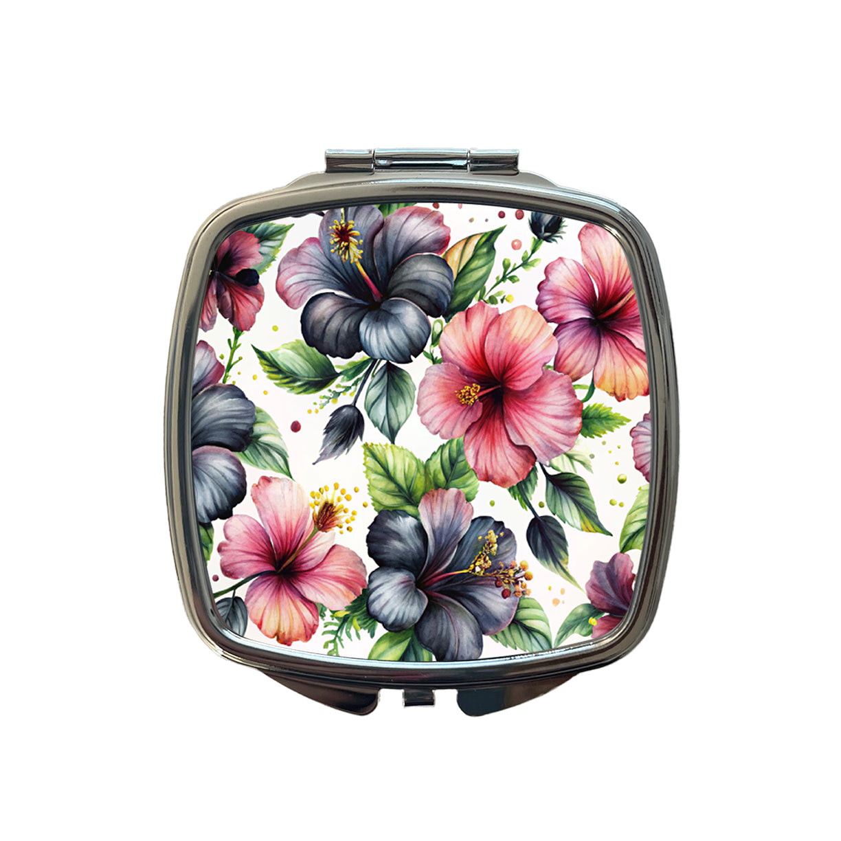 Black Pink Hibiscus Flowers Watercolor Small Travel Purse Handbag Pocket Makeup Compact Mirror