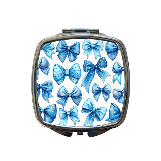 Blue Scattered Coquette Bows Cute Watercolor Small Travel Purse Handbag Pocket Makeup Compact Mirror