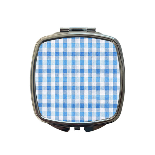 Blue White Gingham Watercolor Small Travel Purse Handbag Pocket Makeup Compact Mirror