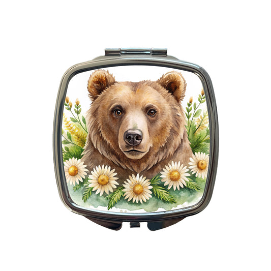 Brown Bear Watercolor Design With Daisies Small Travel Purse Handbag Pocket Makeup Compact Mirror