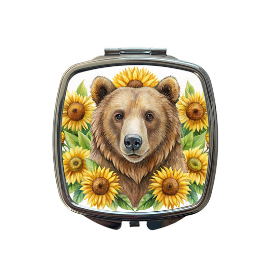 Brown Bear Watercolor Design With Sunflowers Small Travel Purse Handbag Pocket Makeup Compact Mirror