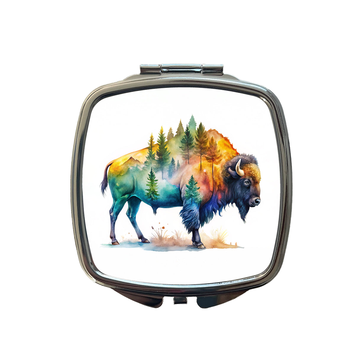 Buffalo In Forest Watercolor Design Small Travel Purse Handbag Pocket Makeup Compact Mirror