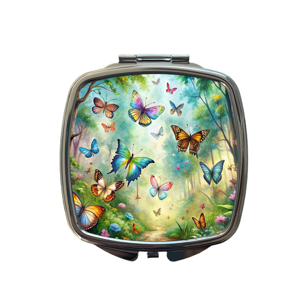 Butterflies In Forest Fantasy Watercolor Small Travel Purse Handbag Pocket Makeup Compact Mirror