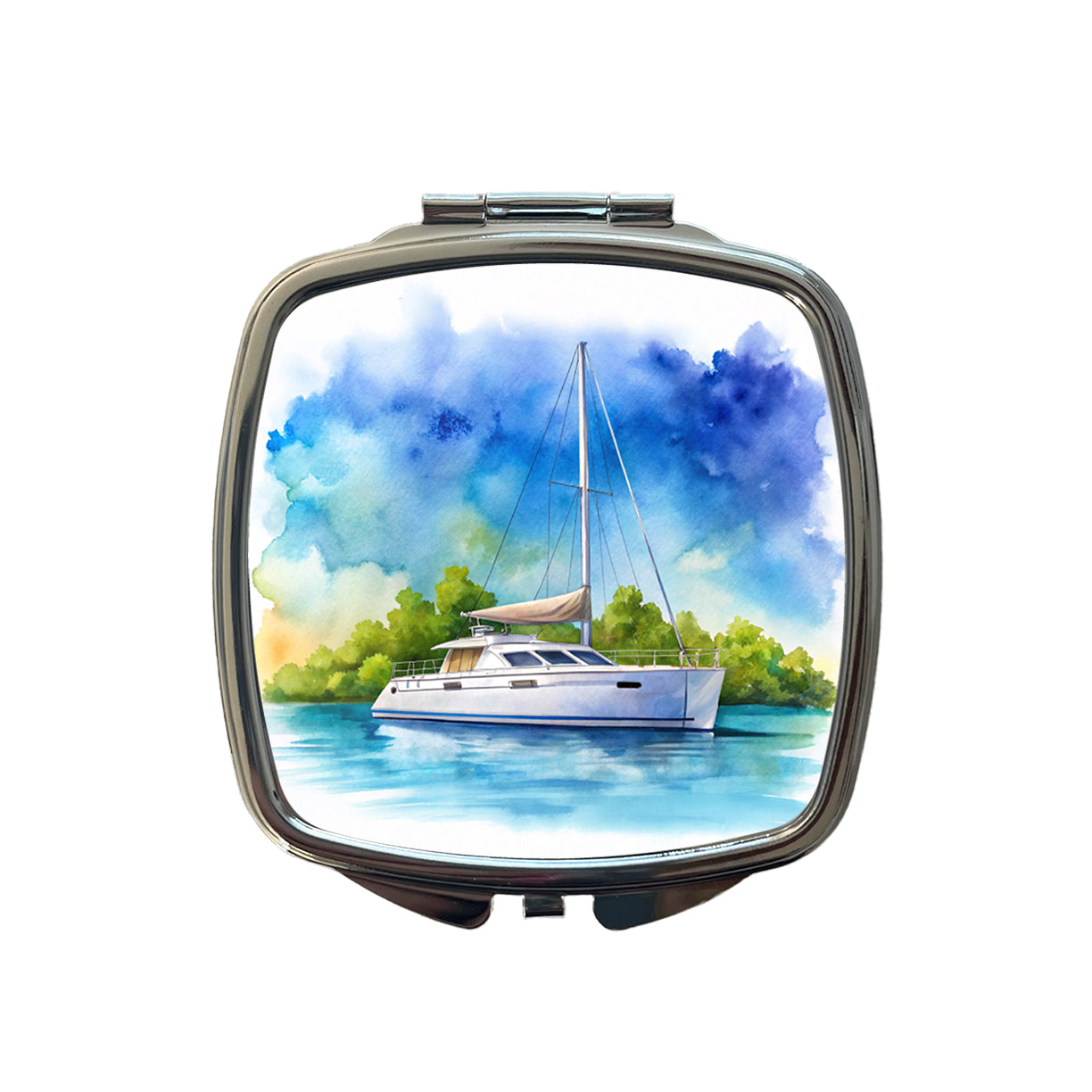 Catamaran At Sea Watercolor Design Small Travel Purse Handbag Pocket Makeup Compact Mirror