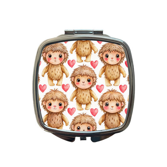 Chibi Sasquatch Big Foot Hearts Watercolor Small Travel Purse Handbag Pocket Makeup Compact Mirror