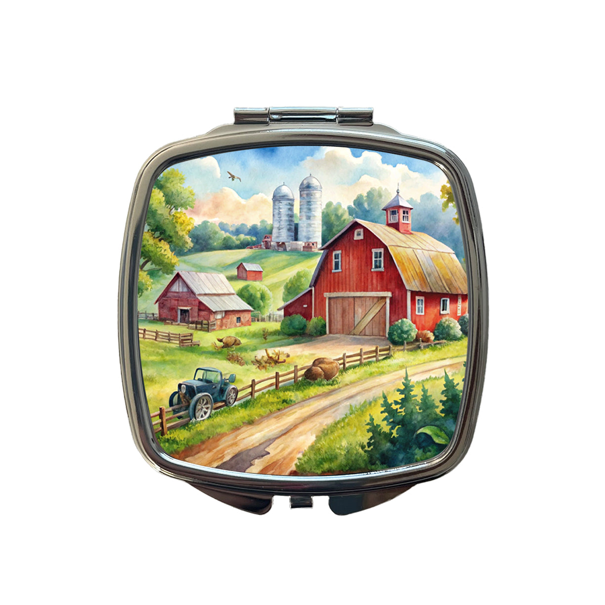 Classic Farm Watercolor Design Small Travel Purse Handbag Pocket Makeup Compact Mirror