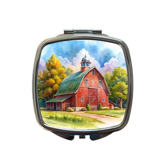 Classic Red Barn Watercolor Small Travel Purse Handbag Pocket Makeup Compact Mirror