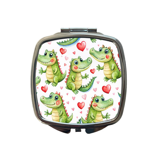 Cute Alligator Crocodiles Hearts Watercolor Small Travel Purse Handbag Pocket Makeup Compact Mirror
