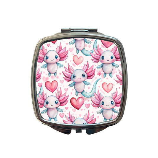 Cute Axolotls Hearts Watercolor Small Travel Purse Handbag Pocket Makeup Compact Mirror
