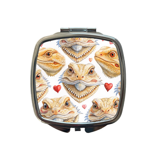 Cute Bearded Dragon Faces Hearts Small Travel Purse Handbag Pocket Makeup Compact Mirror