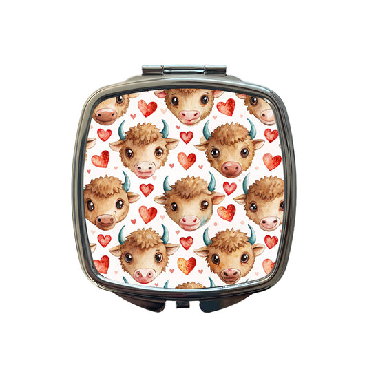 Cute Bison Faces Hearts Watercolor Small Travel Purse Handbag Pocket Makeup Compact Mirror
