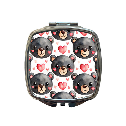 Cute Black Bear Faces Hearts Small Travel Purse Handbag Pocket Makeup Compact Mirror