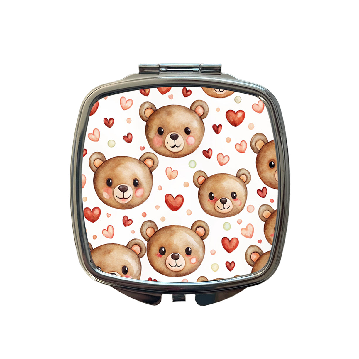 Cute Brown Bear Faces Hearts Small Travel Purse Handbag Pocket Makeup Compact Mirror