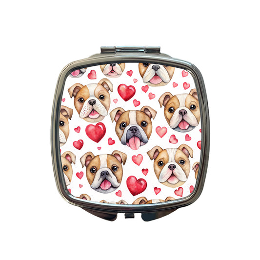 Cute Bulldog Dog Faces Hearts Small Travel Purse Handbag Pocket Makeup Compact Mirror