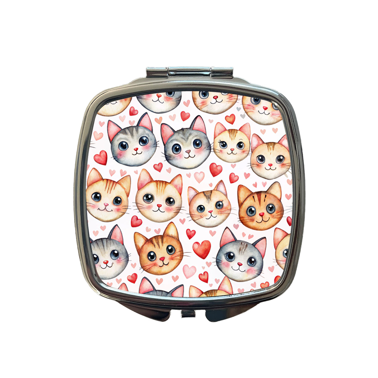 Cute Cat Faces Hearts Watercolor Small Travel Purse Handbag Pocket Makeup Compact Mirror